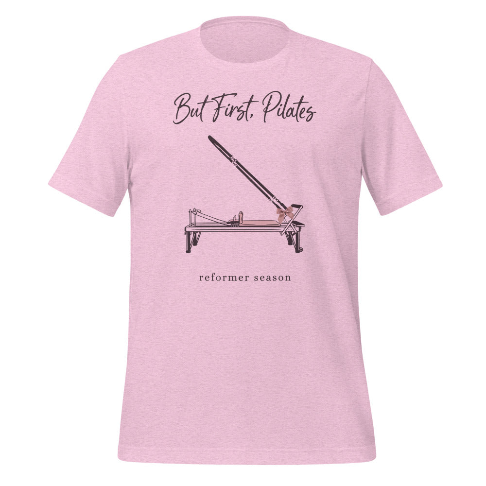 But First Pilates reformer line-art tee — Heather Prism Lilac, front