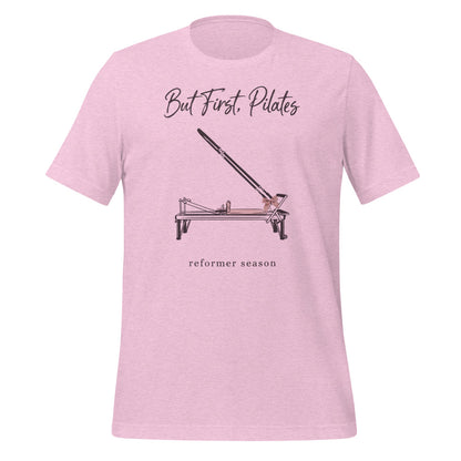 But First Pilates reformer line-art tee — Heather Prism Lilac, front