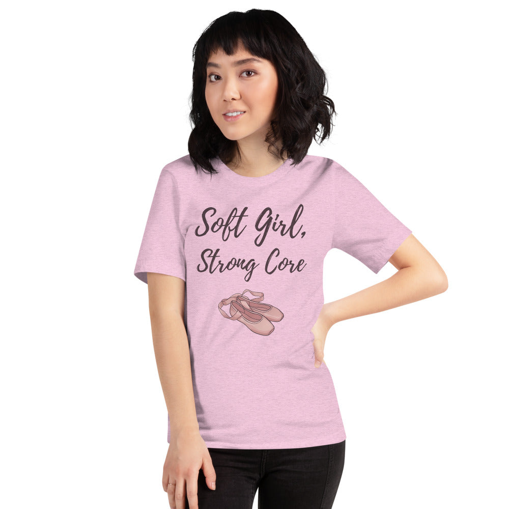 Soft Girl Strong Core ballet coquette pilates tee — Heather Prism Lilac, on model