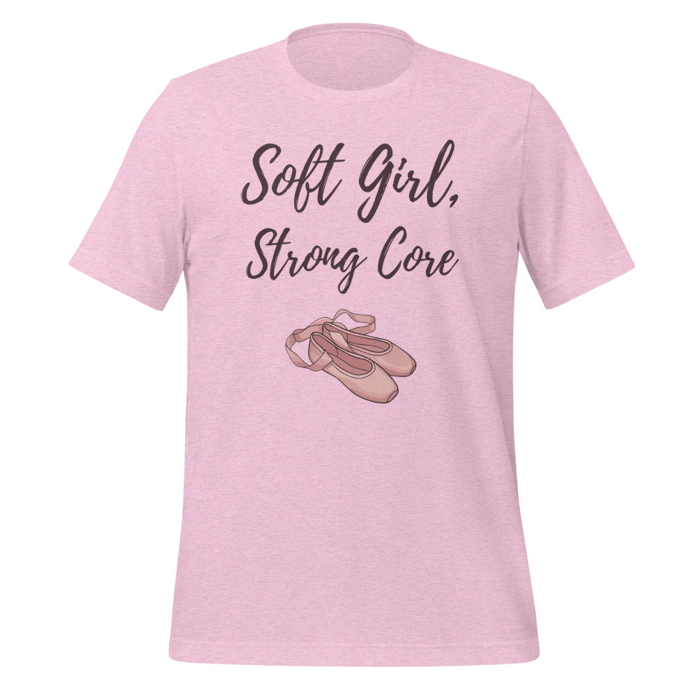 Soft Girl Strong Core ballet coquette pilates tee — Heather Prism Lilac, front
