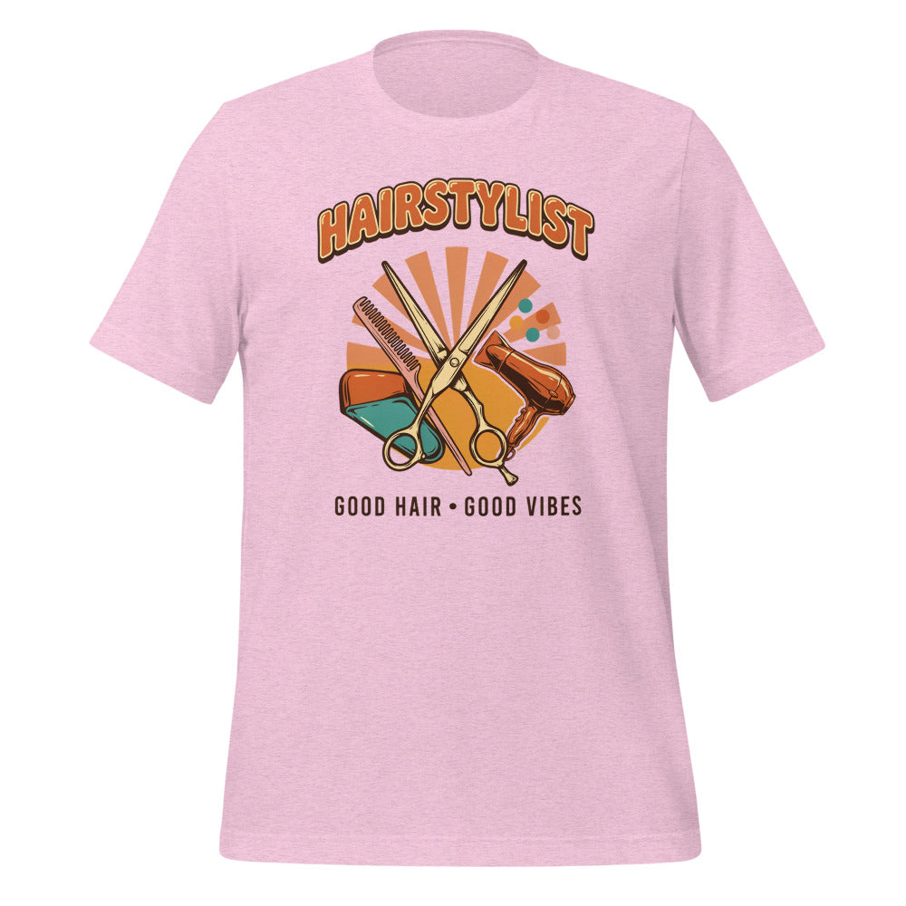 Retro Salon Hairstylist good hair good vibes tee — Heather Prism Lilac, front