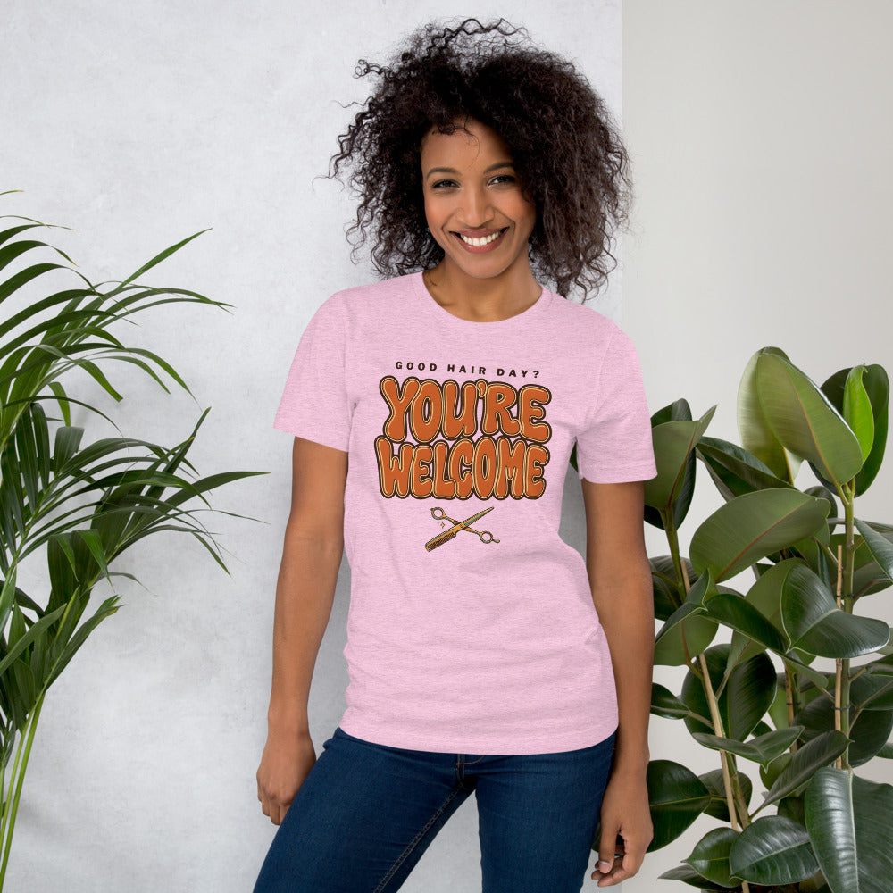 Funny hairstylist Good Hair Day You're Welcome tee — Heather Prism Lilac, on model