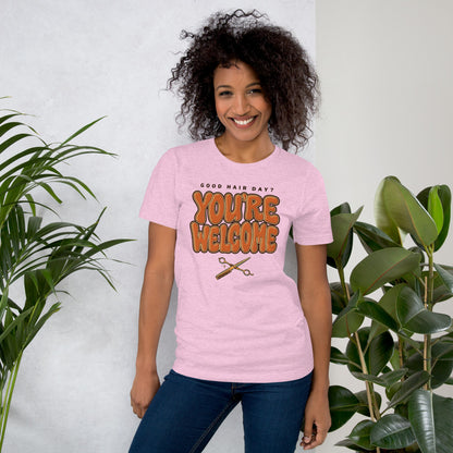 Funny hairstylist Good Hair Day You're Welcome tee — Heather Prism Lilac, on model