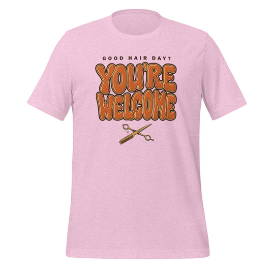 Funny hairstylist Good Hair Day You're Welcome tee — Heather Prism Lilac, front