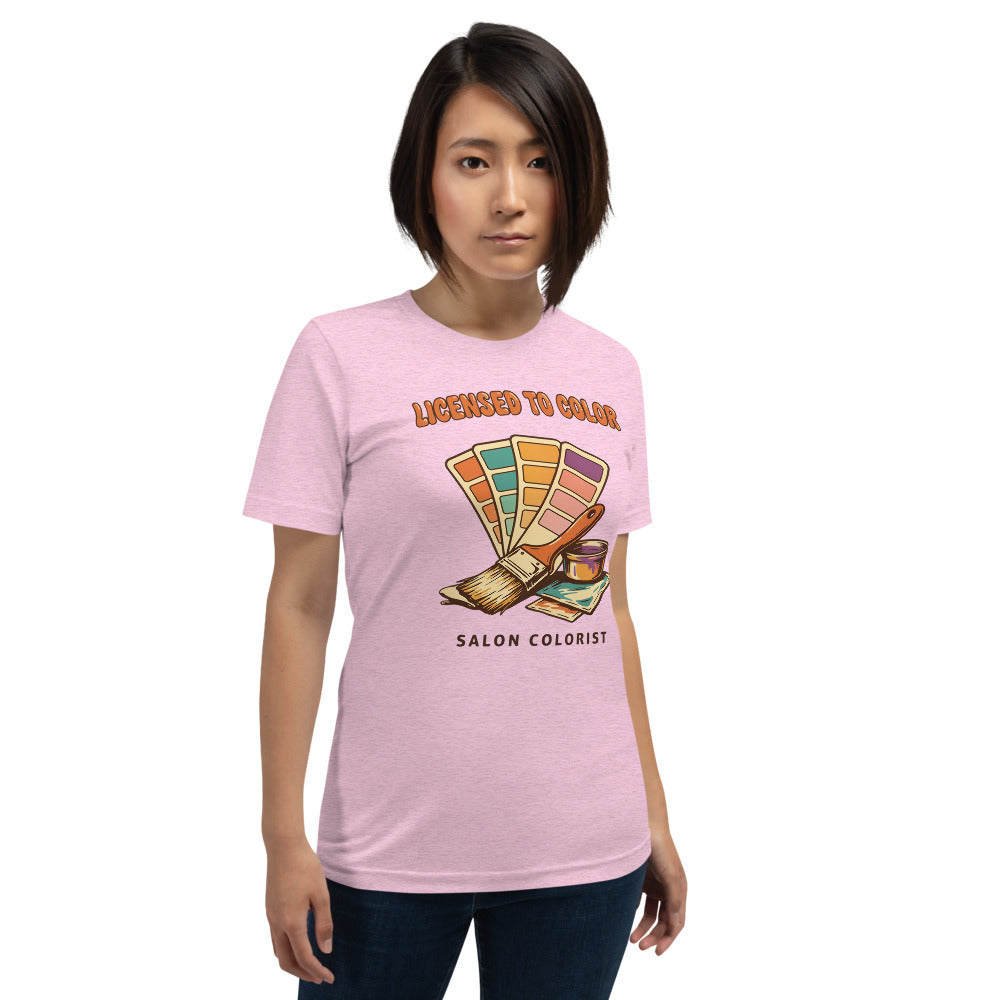 Salon colorist Licensed to Color retro tee — Heather Prism Lilac, on model