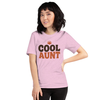 Cool Aunt retro groovy aunt tee — Heather Prism Lilac, on model