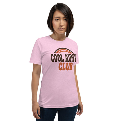 Cool Aunts Club retro groovy aunt tee — Heather Prism Lilac, on model