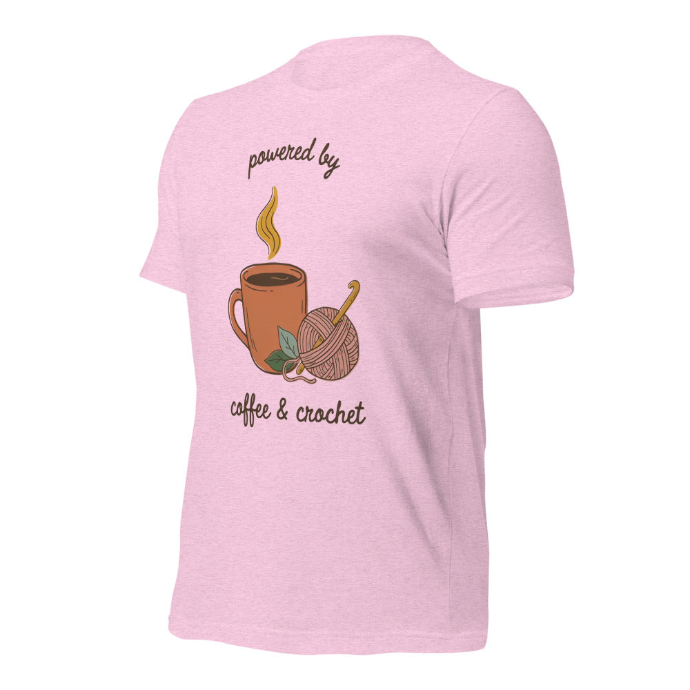 Powered by Coffee and Crochet cottagecore crochet tee — Heather Prism Lilac, front right