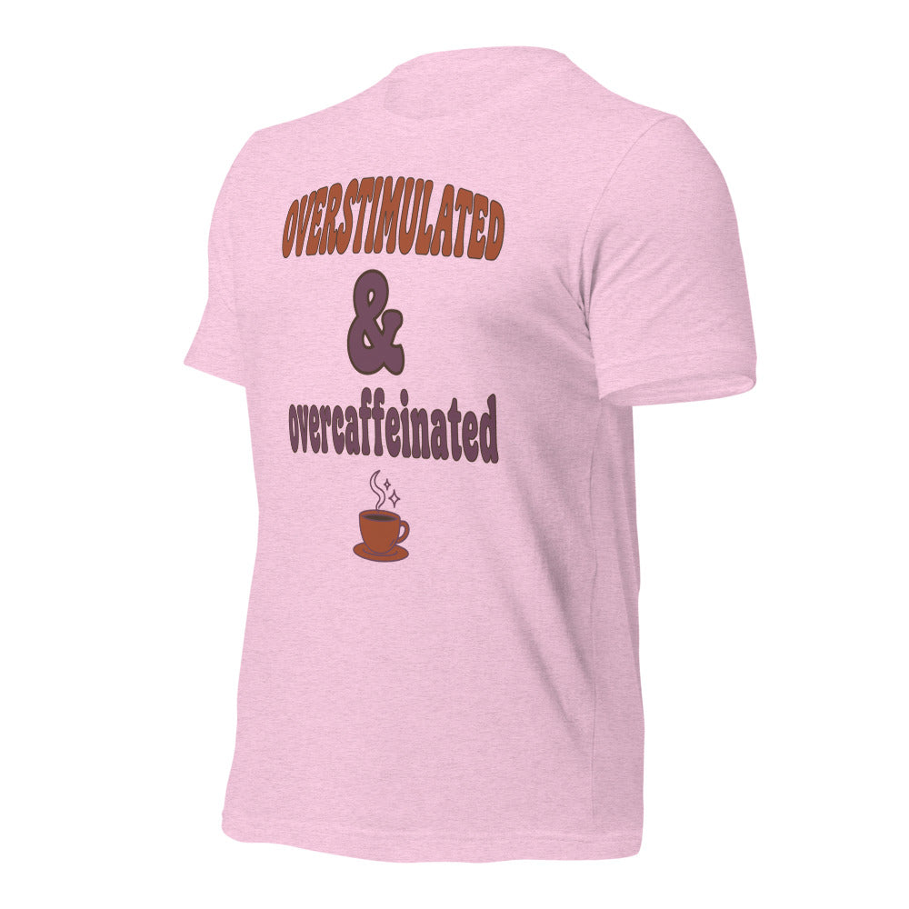 Overstimulated & Overcaffeinated soft retro coffee mental health tee — Heather Prism Lilac, front-right