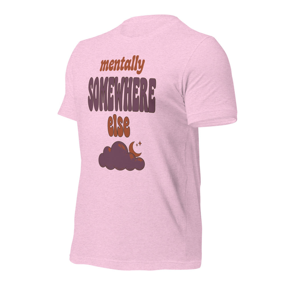Mentally Somewhere Else soft retro daydream mental health tee — Heather Prism Lilac, front-right