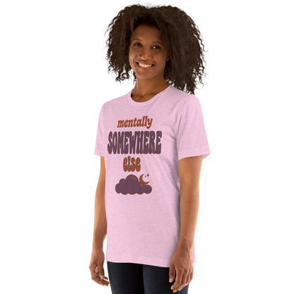 Mentally Somewhere Else soft retro daydream mental health tee — Heather Prism Lilac, on model