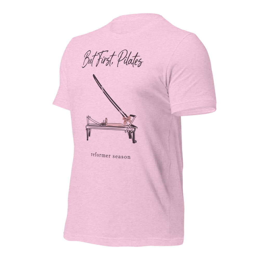 But First Pilates reformer line-art tee — Heather Prism Lilac, front-right