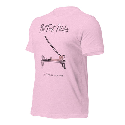 But First Pilates reformer line-art tee — Heather Prism Lilac, front-right