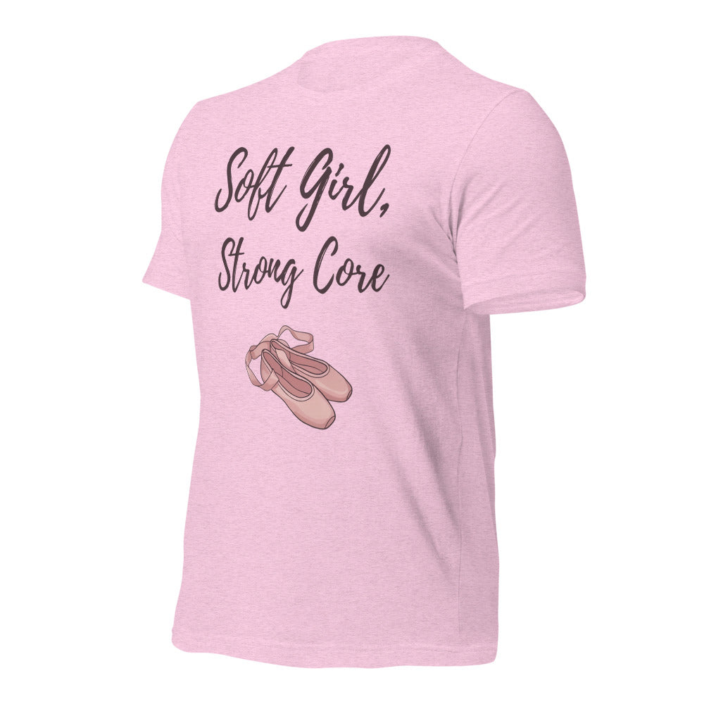 Soft Girl Strong Core ballet coquette pilates tee — Heather Prism Lilac, front-right