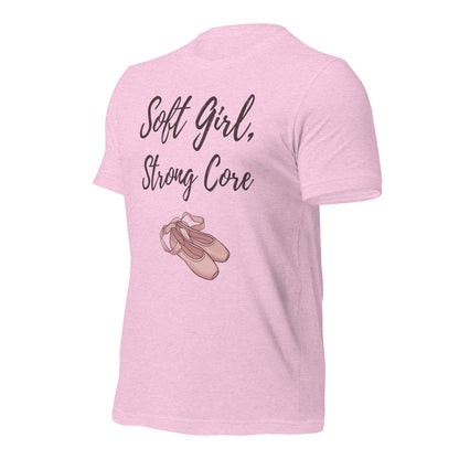 Soft Girl Strong Core ballet coquette pilates tee — Heather Prism Lilac, front-right