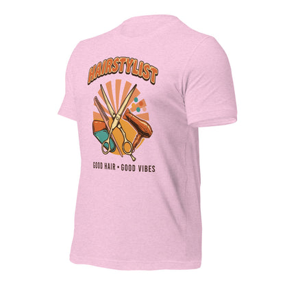 Retro Salon Hairstylist good hair good vibes tee — Heather Prism Lilac, front-right