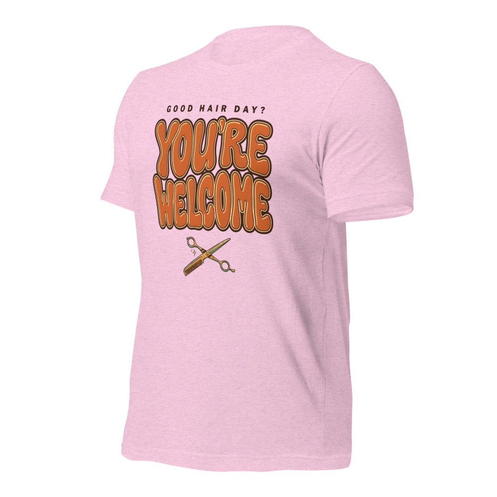 Funny hairstylist Good Hair Day You're Welcome tee — Heather Prism Lilac, front-right