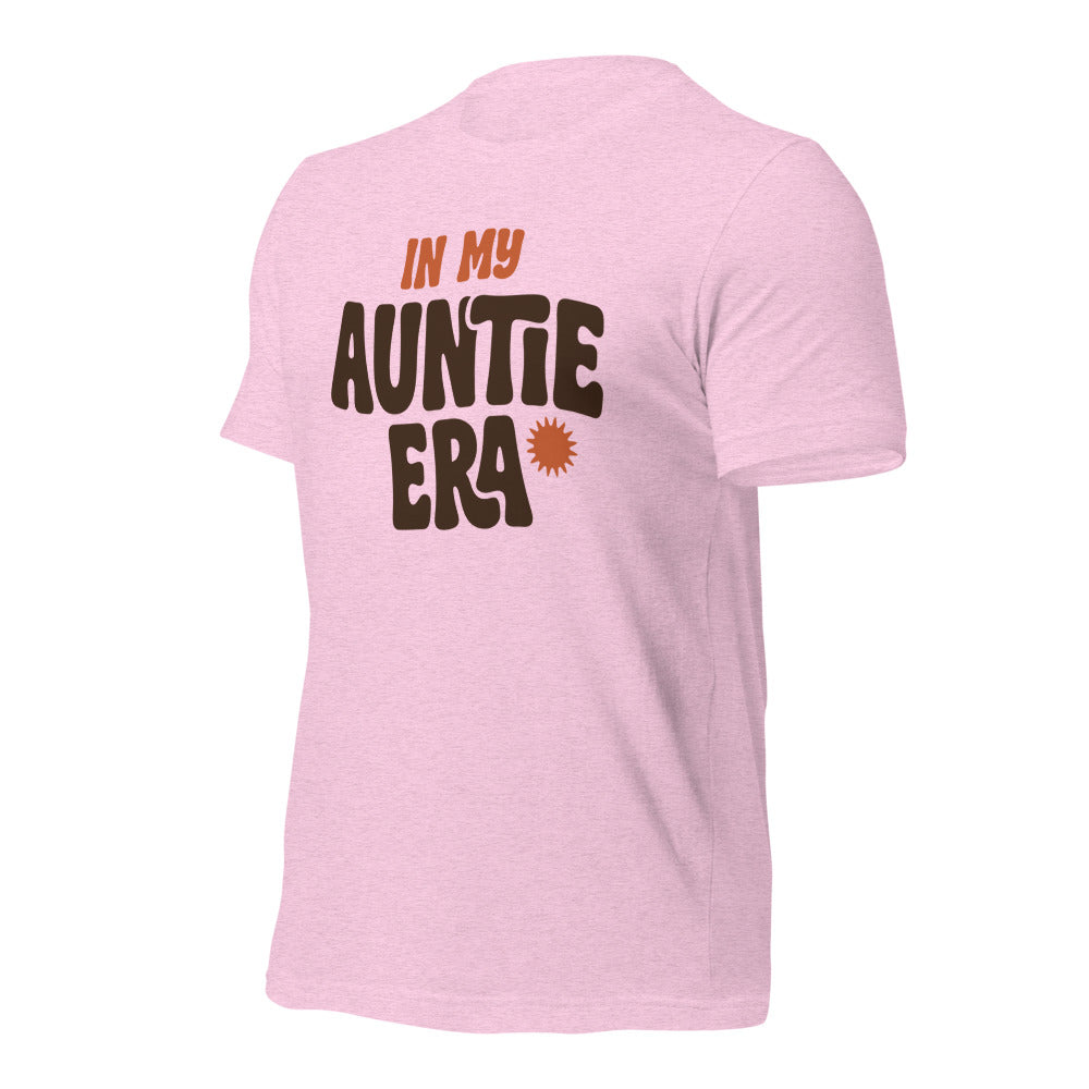 In My Auntie Era retro groovy aunt tee — Heather Prism Lilac, front-right