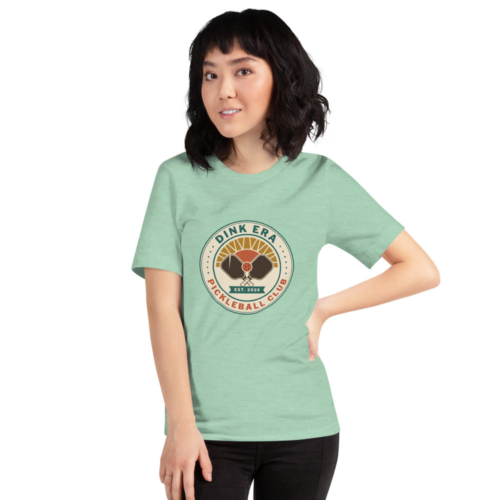 Dink Era Pickleball Club retro tee — Heather Prism Mint, on model