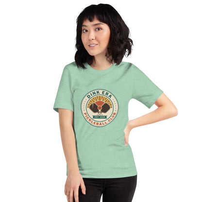 Dink Era Pickleball Club retro tee — Heather Prism Mint, on model