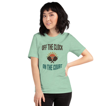 model wearing Off The Clock On The Court retro pickleball tee — HP Mint