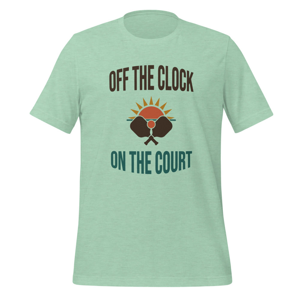 Off The Clock On The Court retro pickleball tee — HP Mint, front