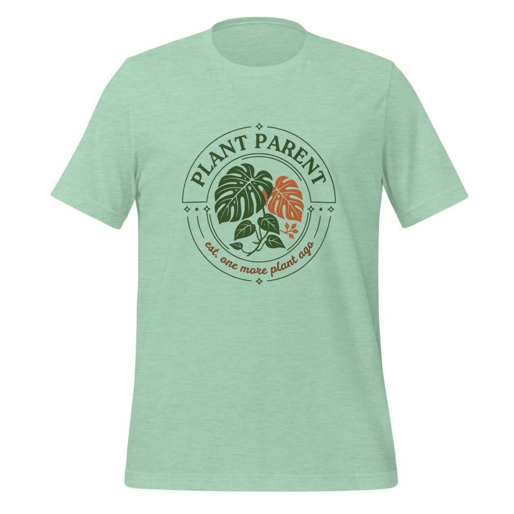 Plant Parent retro botanical badge tee — Heather Prism Mint, front