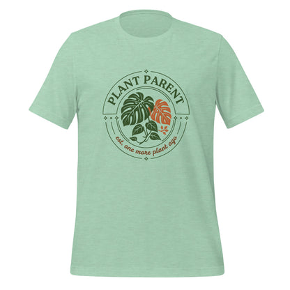 Plant Parent retro botanical badge tee — Heather Prism Mint, front