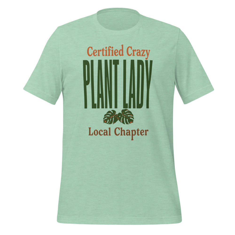 Certified Crazy Plant Lady retro botanical tee — Heather Prism Mint, front