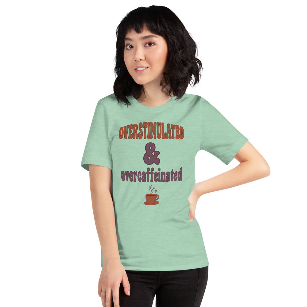 Overstimulated & Overcaffeinated soft retro coffee mental health tee — Heather Prism Mint, on model