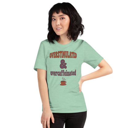 Overstimulated & Overcaffeinated soft retro coffee mental health tee — Heather Prism Mint, on model