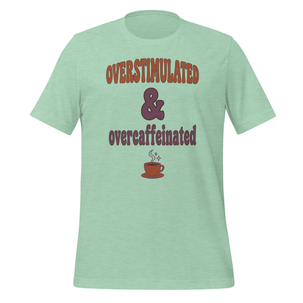 Overstimulated & Overcaffeinated soft retro coffee mental health tee — Heather Prism Mint, front