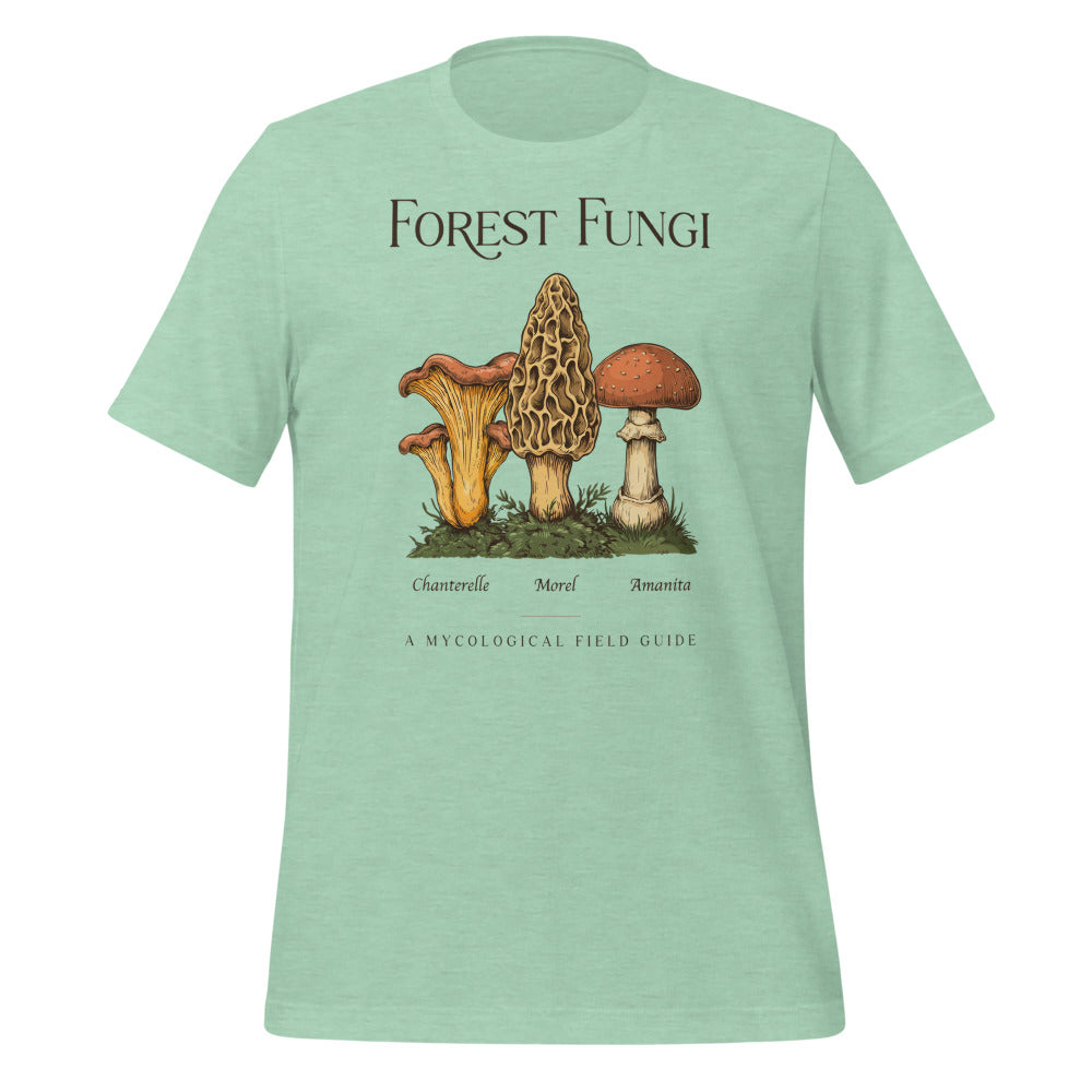 Forest Fungi vintage mushroom field guide tee — Heather Prism Mint, front