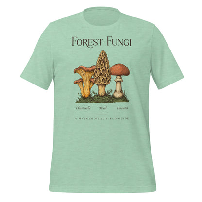 Forest Fungi vintage mushroom field guide tee — Heather Prism Mint, front
