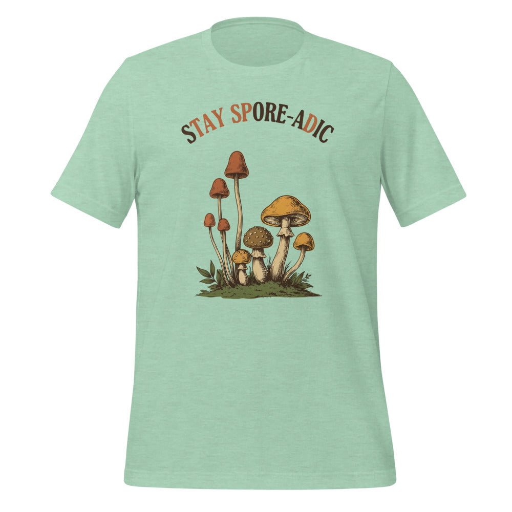 Stay Spore-adic funny vintage mushroom tee — Heather Prism Mint, front