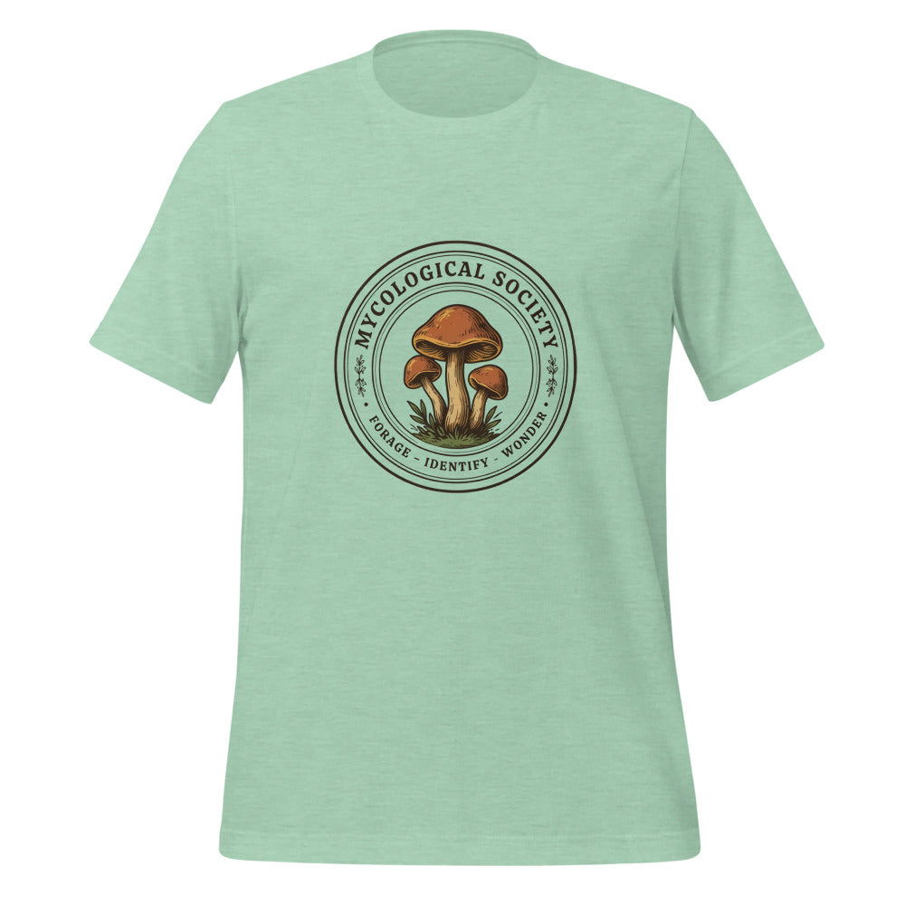 Mushroom Foraging Mycological Society vintage botanical tee — Heather Prism Mint, front
