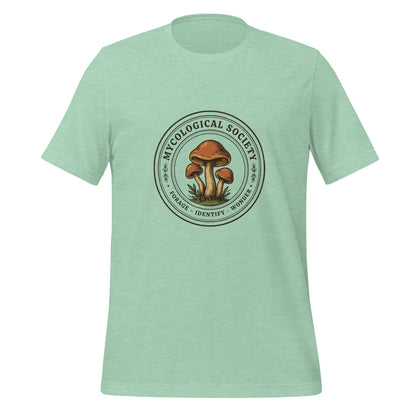 Mushroom Foraging Mycological Society vintage botanical tee — Heather Prism Mint, front