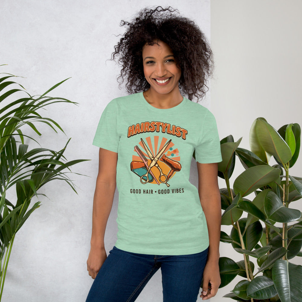 Retro Salon Hairstylist good hair good vibes tee — Heather Prism Mint, on model