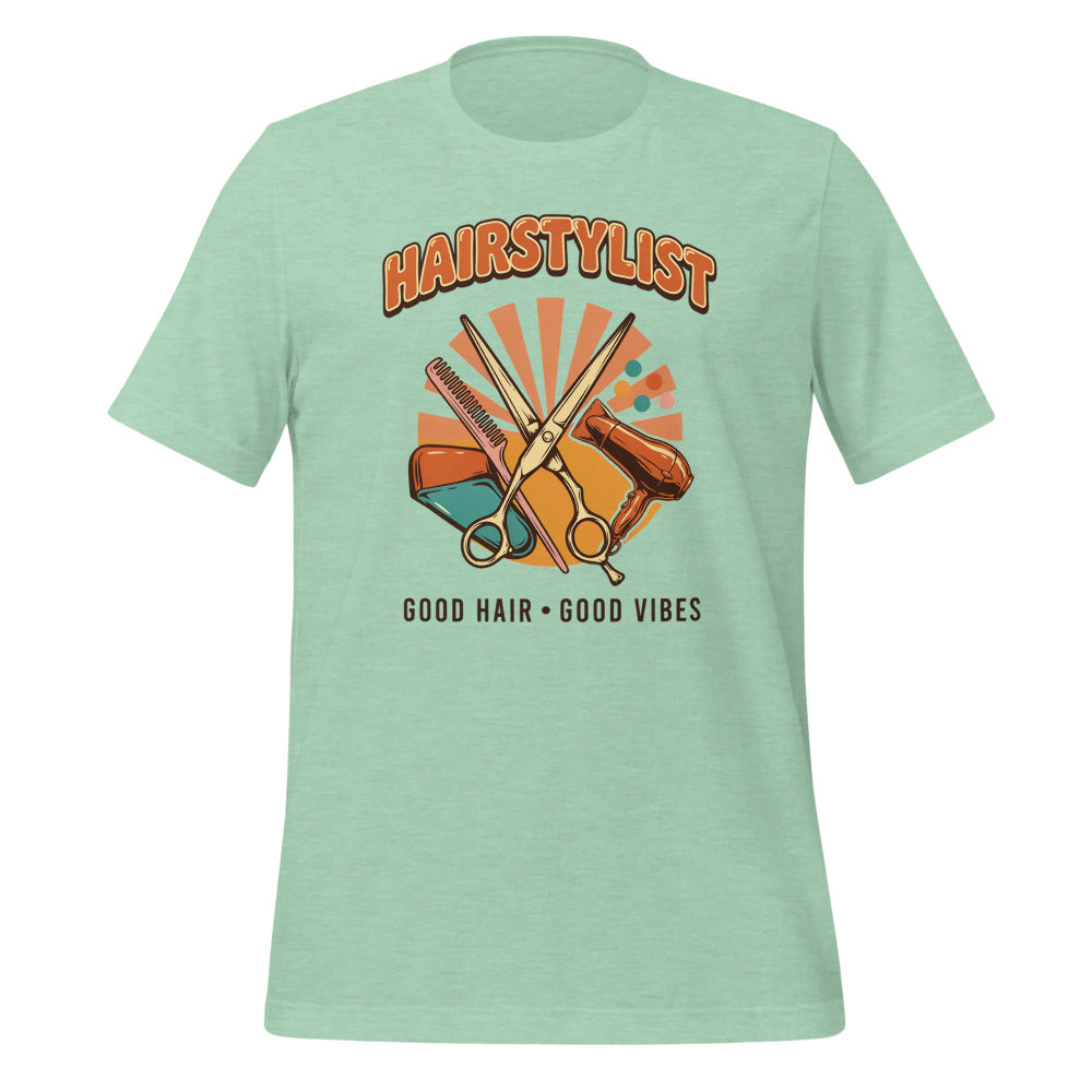 Retro Salon Hairstylist good hair good vibes tee — Heather Prism Mint, front