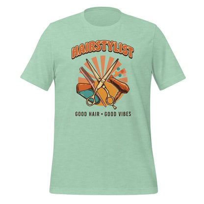 Retro Salon Hairstylist good hair good vibes tee — Heather Prism Mint, front