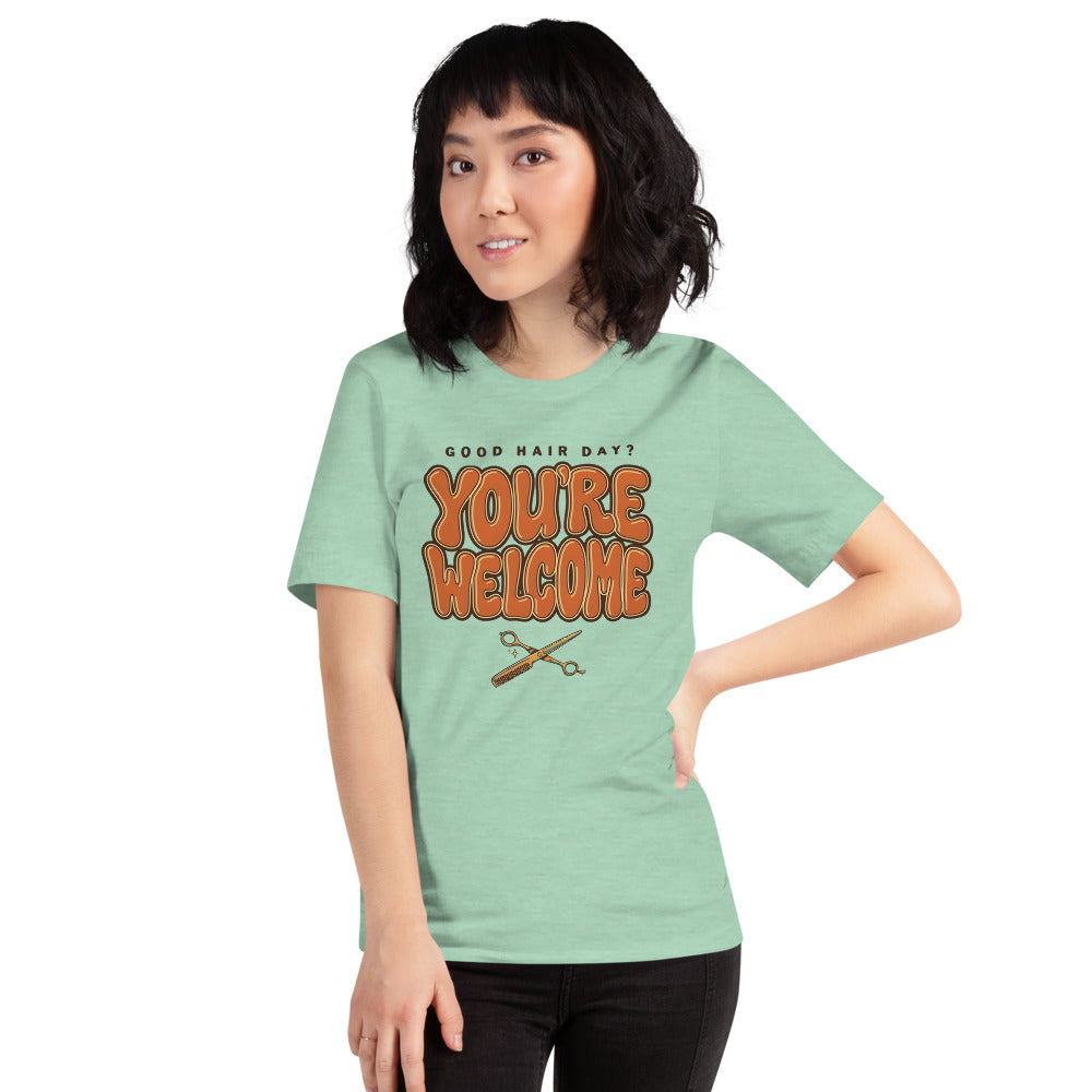 Funny hairstylist Good Hair Day You're Welcome tee — Heather Prism Mint, on model