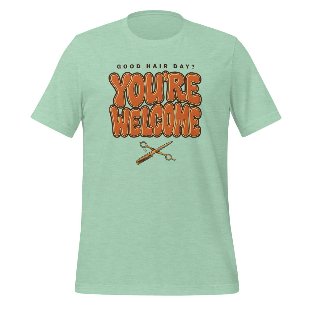 Funny hairstylist Good Hair Day You're Welcome tee — Heather Prism Mint, front