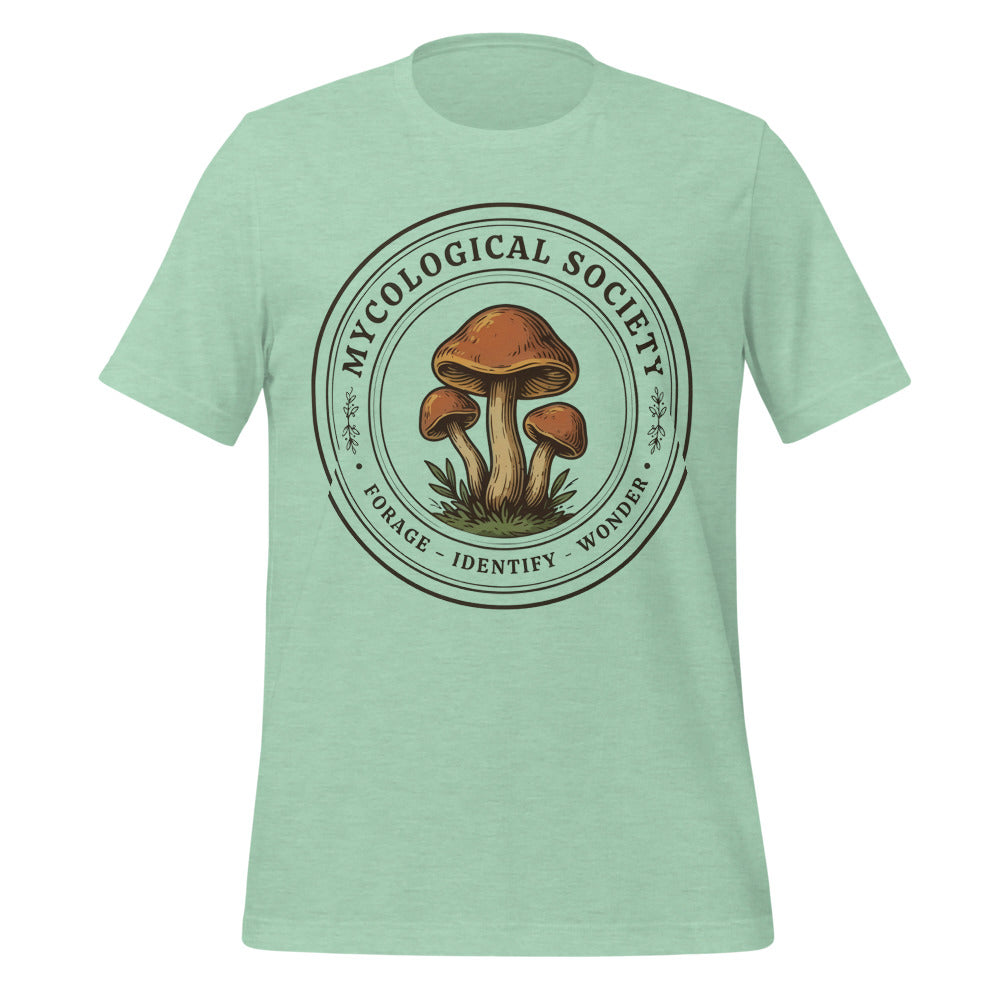 Mushroom Foraging Mycological Society vintage botanical tee — Heather Prism Mint, front