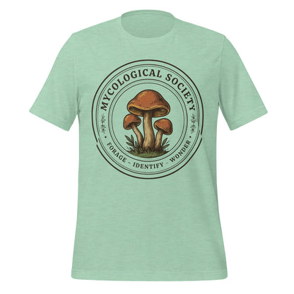 Mushroom Foraging Mycological Society vintage botanical tee — Heather Prism Mint, front