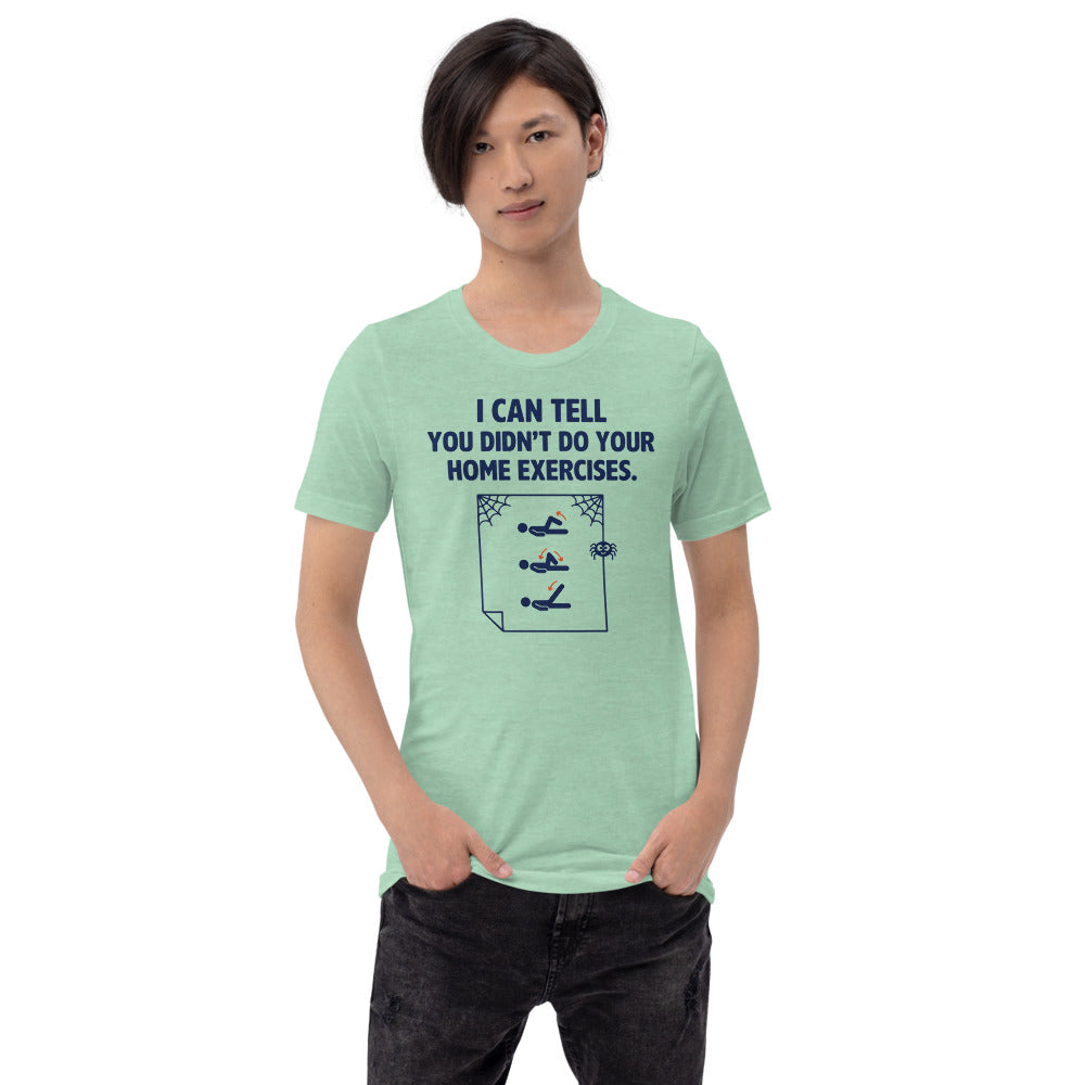 Home Exercises funny physical therapy tee — Heather Prism Mint, on model