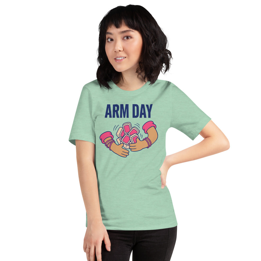 Arm Day funny mahjong tee — Heather Prism Mint, on model