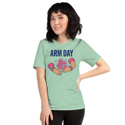 Arm Day funny mahjong tee — Heather Prism Mint, on model