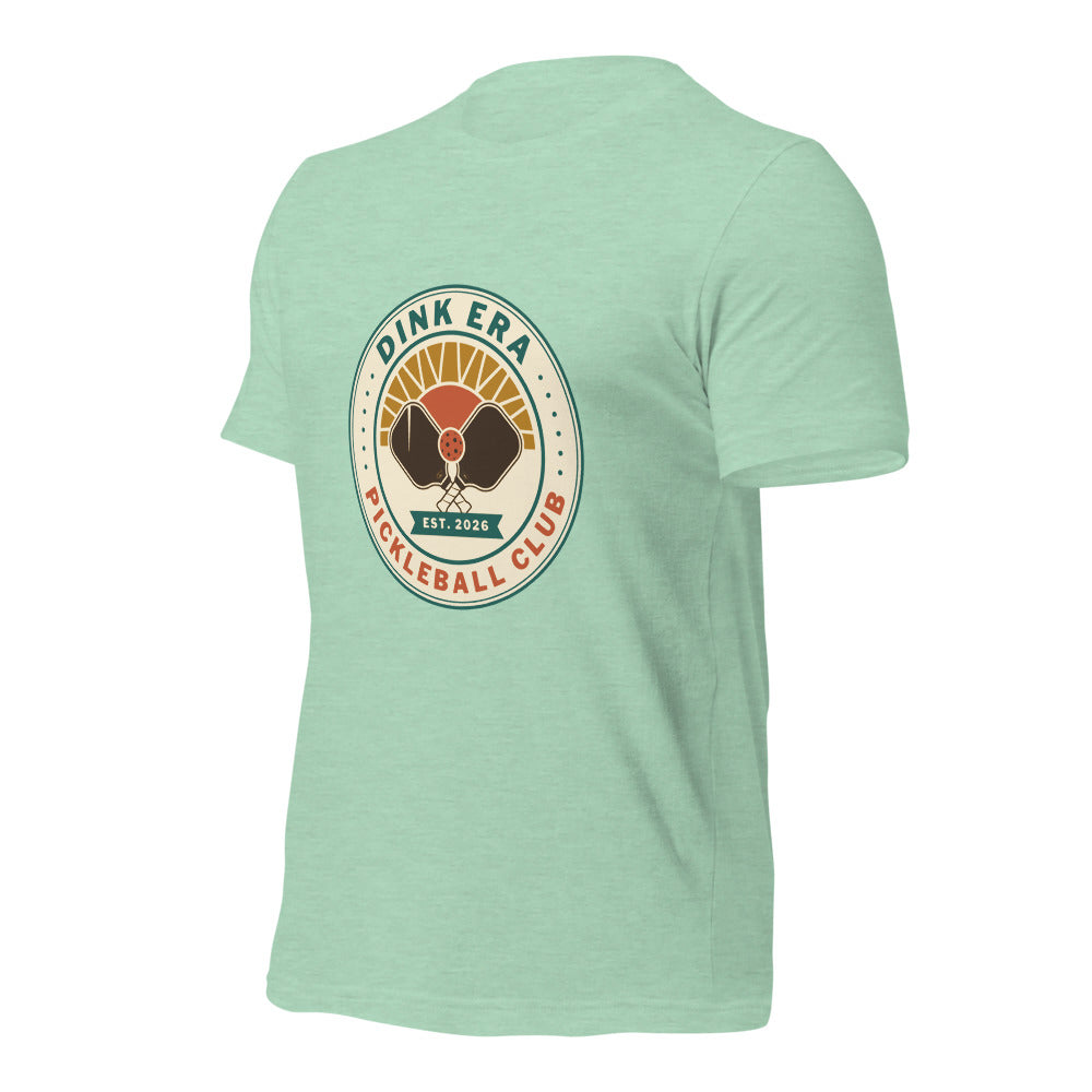Dink Era Pickleball Club retro tee — Heather Prism Mint, front-right