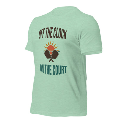 Off The Clock On The Court retro pickleball tee — HP Mint, side