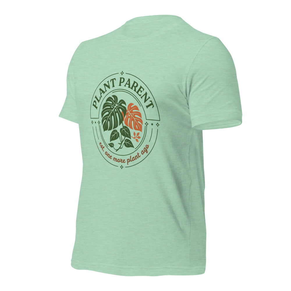 Plant Parent retro botanical badge tee — Heather Prism Mint, front right